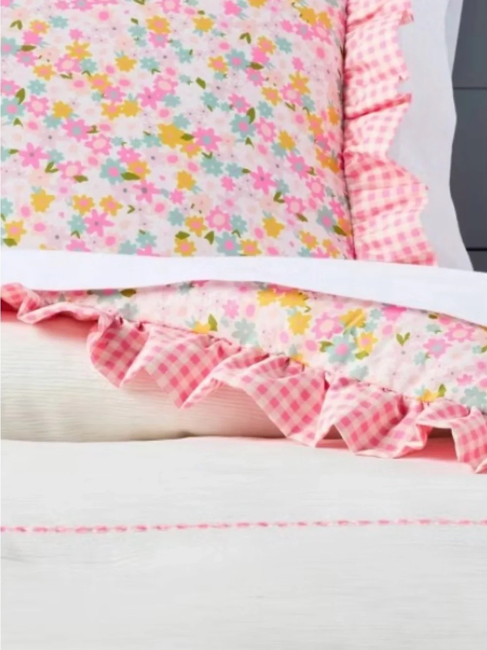 Precious TWIN Pink Bows Ruffles Floral Gingham Comforter Set ~ NEW